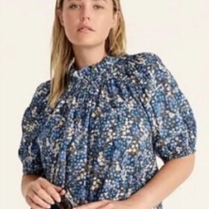 J. Crew Liberty Print Short Puff Sleeve Blue Floral Blouse Size XS Cottagecore